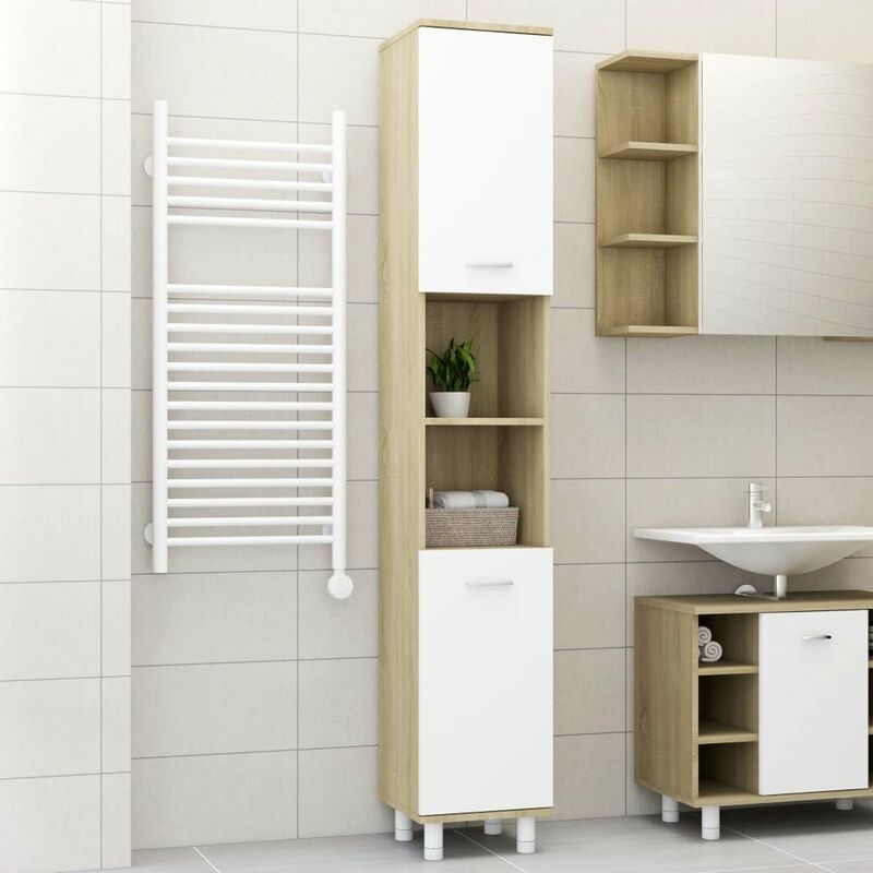 

Happyshopping - Armario de bano aglomerado blanco y roble Sonoma 30x30x179 cm