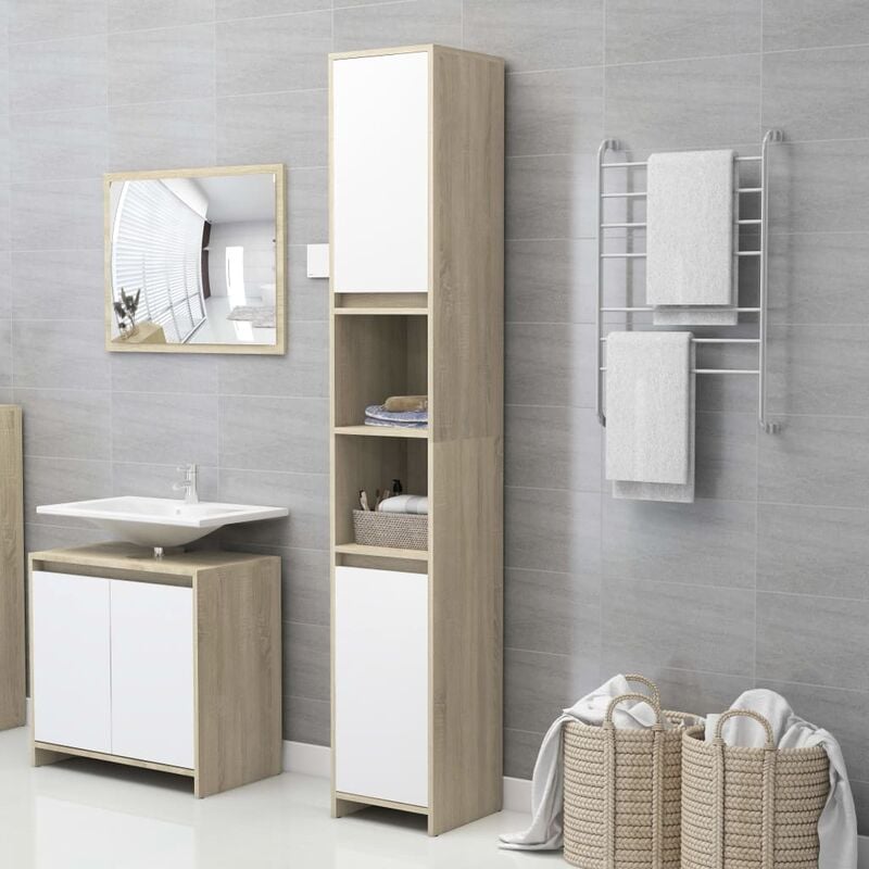 

Armario de baño aglomerado blanco y roble sonoma 30x30x183,5 cm