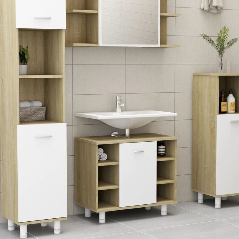 

Armario de baño aglomerado blanco y roble sonoma 60x32x53,5 cm