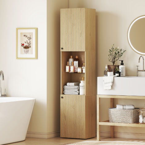 Armario de Baño Alto de 6 Niveles con 2 Puertas Estante de Vidrio Templado Estantes Ajustables 40x31x182 cm Roble