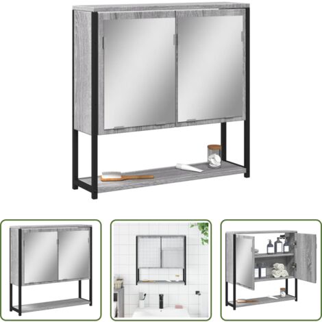 Armario de baño -  Armario con espejo de baño madera gris Sonoma 60x16x60 cm