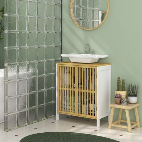 Armario de Baño Bajo Lavabo de Bambú con Puerta Doble y Estante Ajustable Carga 30 kg 60x30x70 cm Natural y Blanco