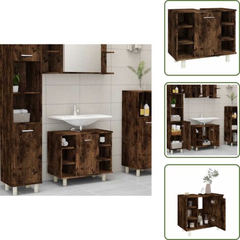 Armario de baño con 7 compartimentos - vidaXL Armario de baño madera contrachapada roble ahumado 60x32x53,5cm - Armario de baño con puerta
