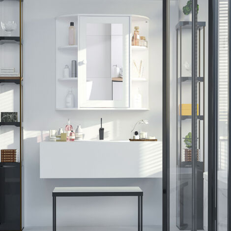 Armario de baño con espejo, de pared, para colgar, con 8 compartimentos, multiusos, color blanco, 66x17x63cm, para baños.