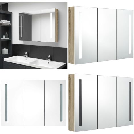 Armario de baño con espejo LED blanco y roble 89x14x62 cm - Armario con espejo - Armario de tocador