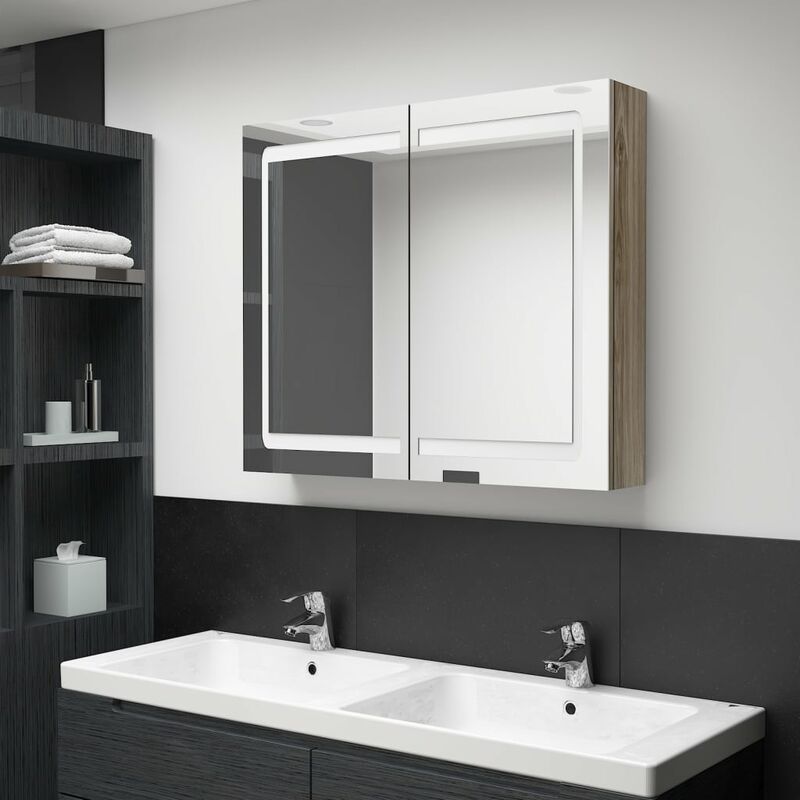 

Armario de baño con espejo LED color roble 80x12x68 cm