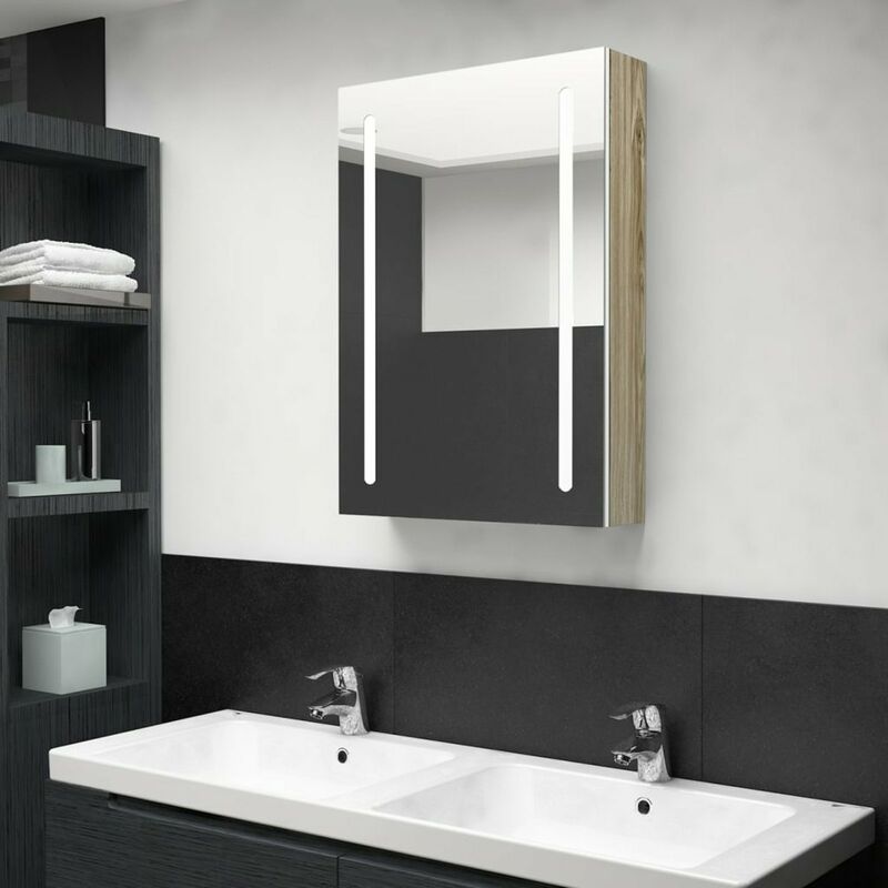 

Armario de bano con espejo LED color roble y blanco 50x13x70 cm