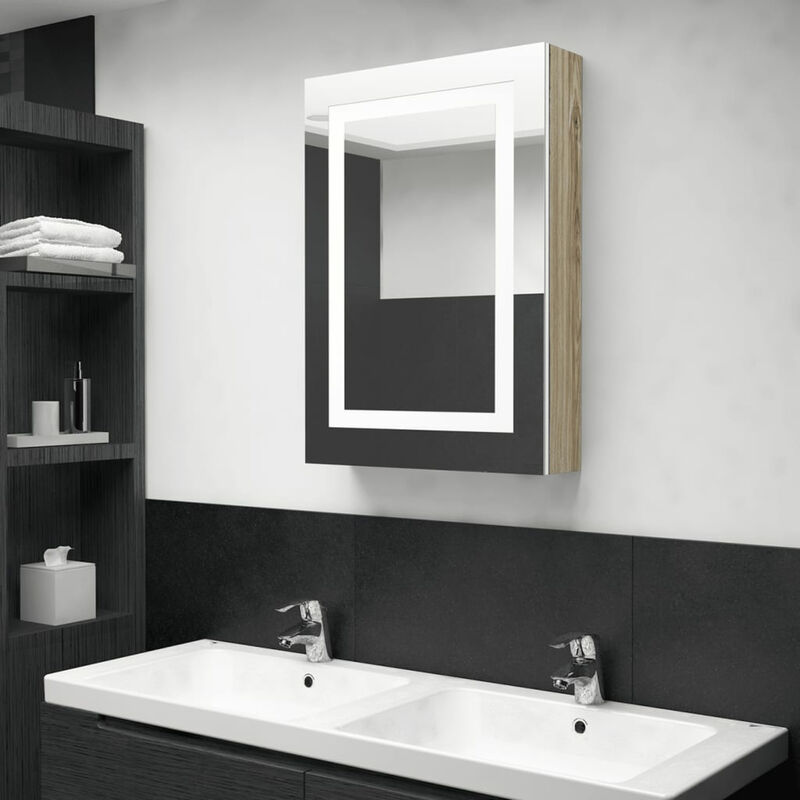 

Armario de bano con espejo LED color roble y blanco 50x13x70 cm