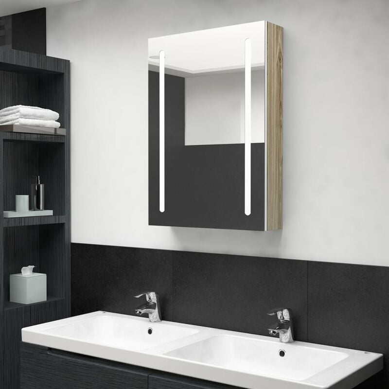 

Armario de baño con espejo LED color roble y blanco 50x13x70 cm