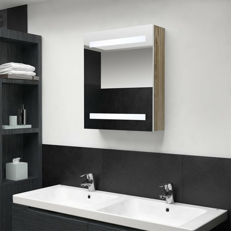 

Armario de baño con espejo LED color roble y blanco 50x14x60 cm