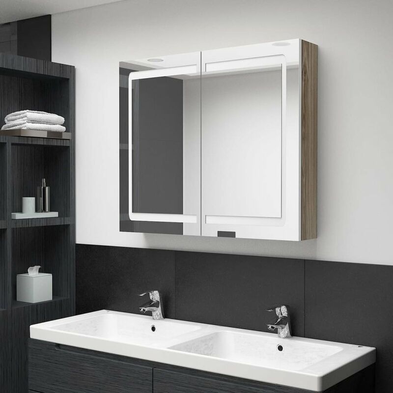 

Happyshopping - Armario de bano con espejo LED color roble y blanco 80x12x68 cm