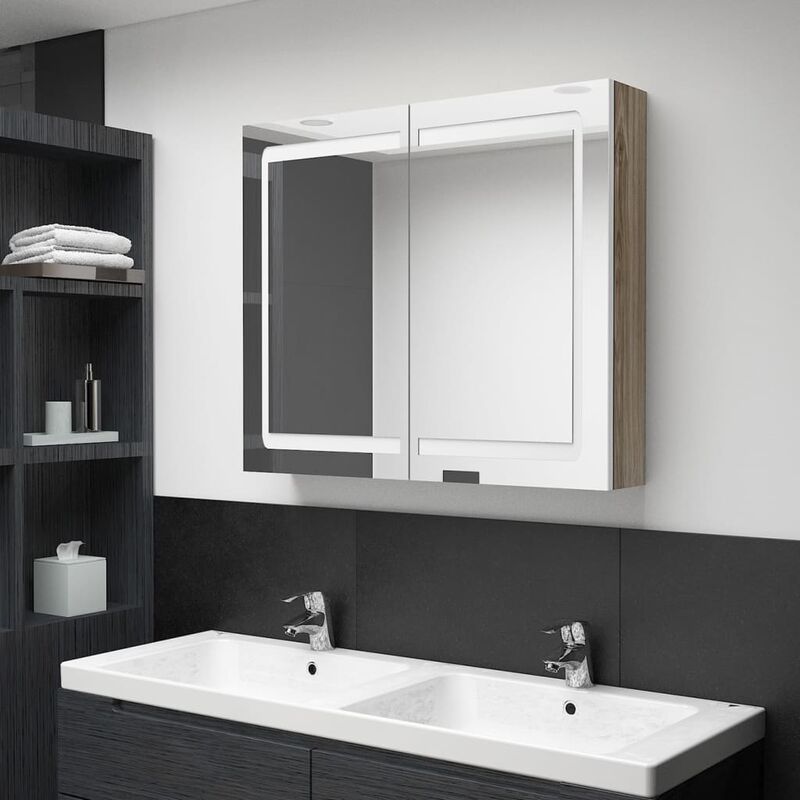 

Armario de baño con espejo LED color roble y blanco 80x12x68 cm