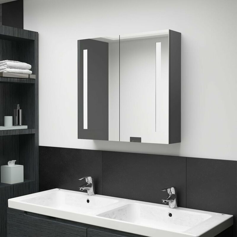 

Armario de bano con espejo LED gris 62x14x60 cm