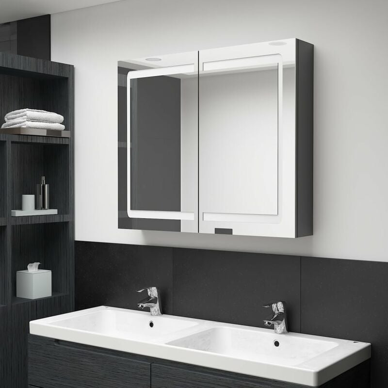 

Armario de baño con espejo LED gris brillante 80x12x68 cm