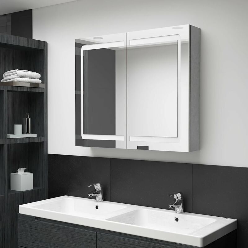 

Armario de baño con espejo LED gris hormigón 80x12x68 cm