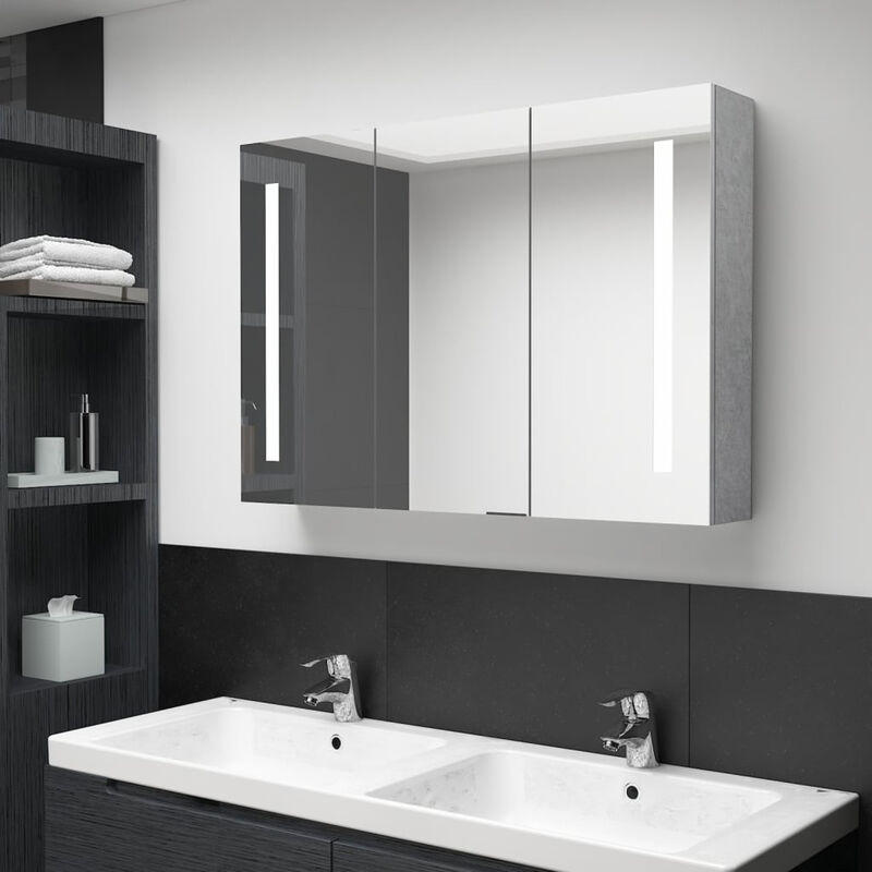 

Happyshopping - Armario de bano con espejo LED gris hormigon 89x14x62 cm