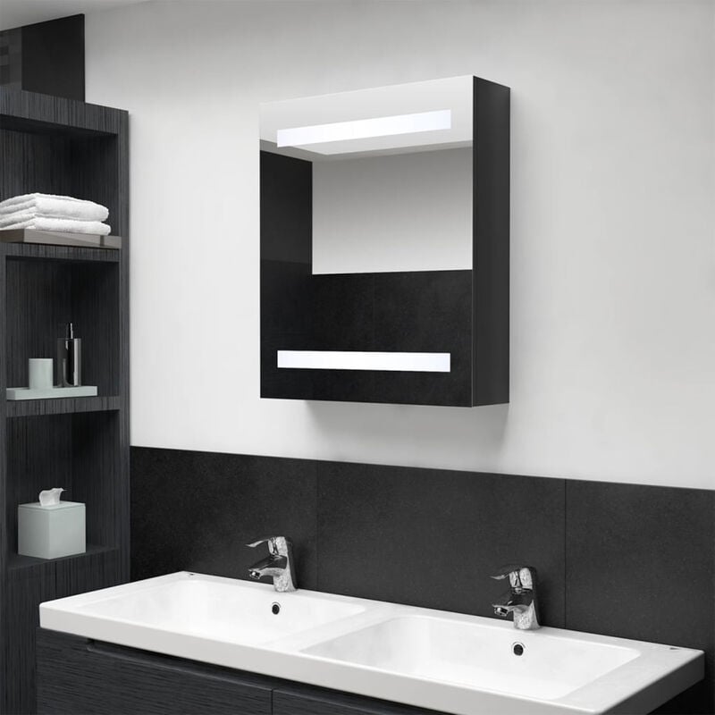 

Armario de bano con espejo LED negro brillante 50x14x60 cm