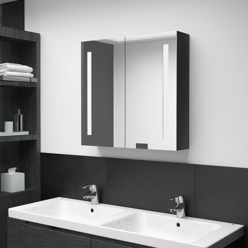 

Armario de bano con espejo LED negro brillante 62x14x60 cm
