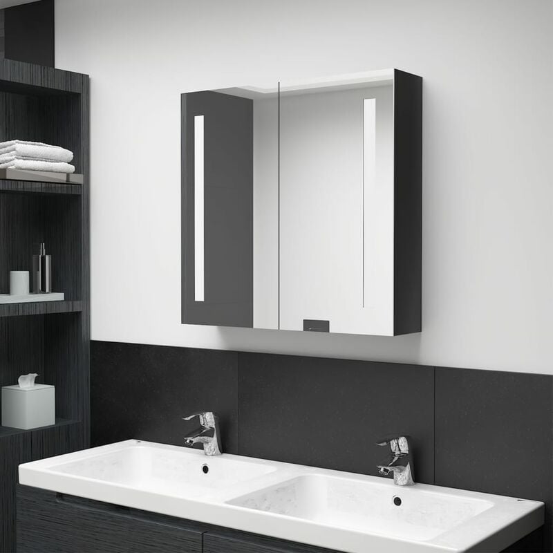 

Armario de baño con espejo LED negro brillante 62x14x60 cm
