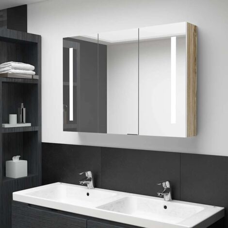 Armario de baño con espejo LED  y roble 89x14x62 cm