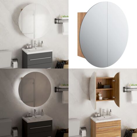 Armario de baño con espejo redondo y LED roble 47x47x17,5 cm - Espejo redondo - Armario con espejo