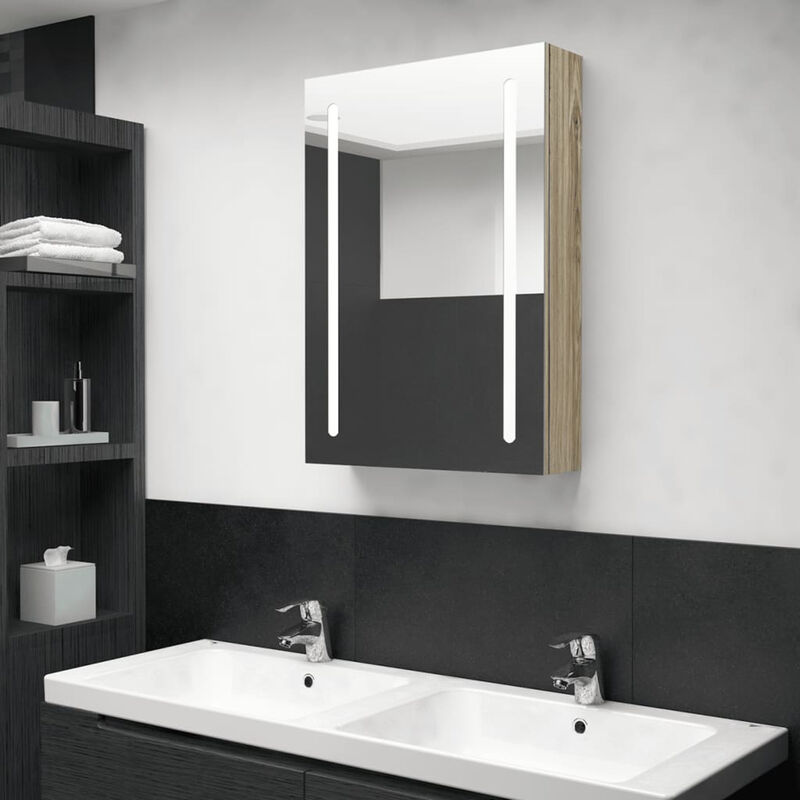 

Armario de bano con espejo y LED color roble 50x13x70 cm