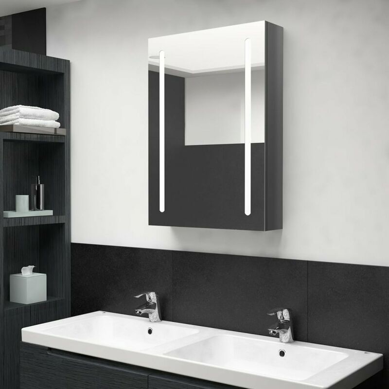 

Happyshopping - Armario de bano con espejo y LED gris brillante 50x13x70 cm