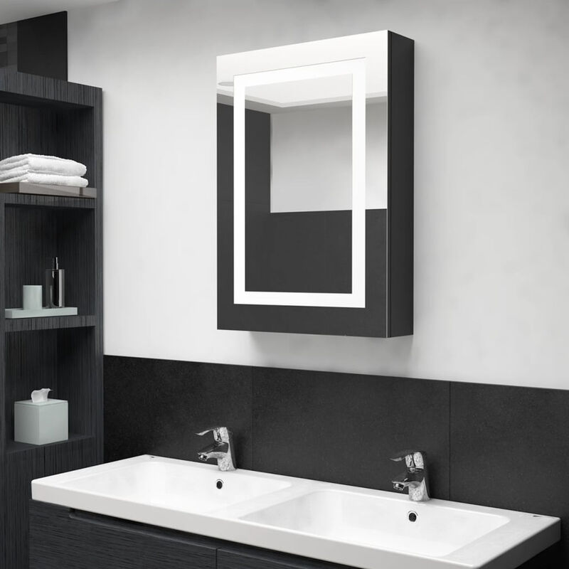 

Happyshopping - Armario de bano con espejo y LED negro brillante 50x13x70 cm