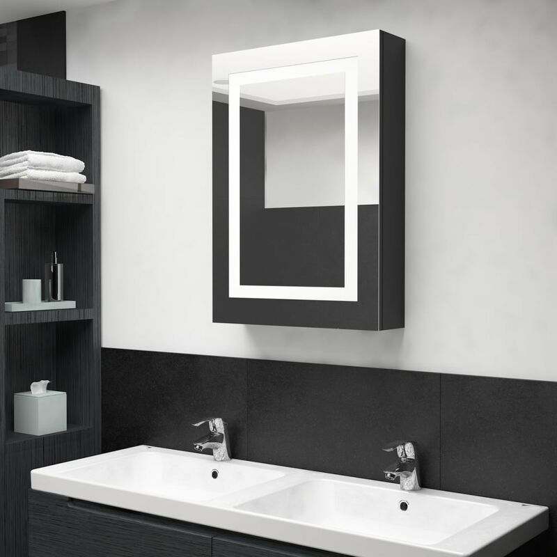 

Armario de baño con espejo y LED negro brillante 50x13x70 cm