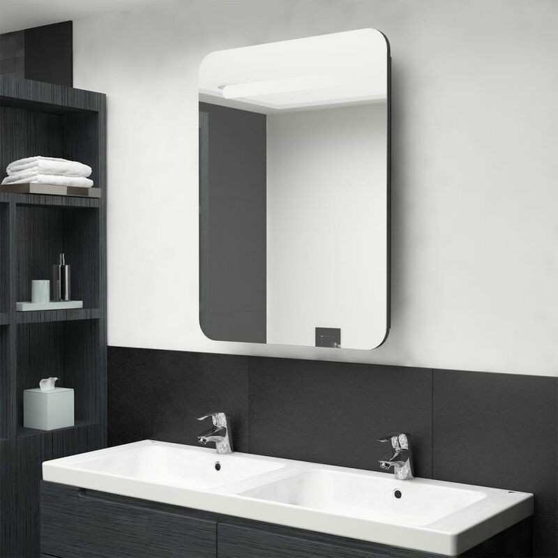 

Armario de baño con espejo y LED negro brillante 60x11x80 cm