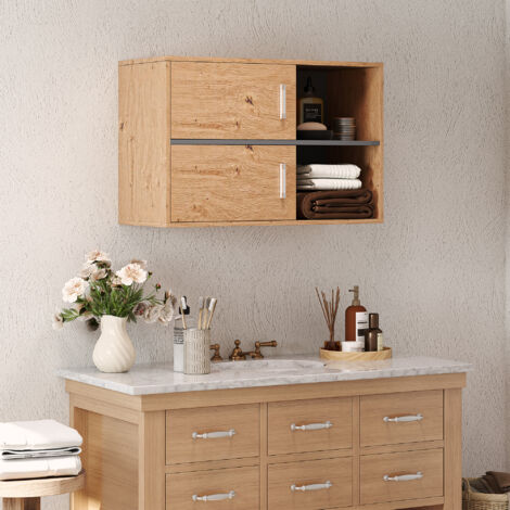 Armario de Baño de Pared con Compartimentos Abiertos y 2 Puertas Mueble de Baño Moderno 80x35x57,5 cm Natural