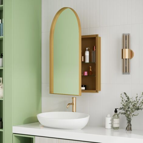 Armario de baño de pared con espejo curvo - 91x61x12 cm - estructura de metal, espejo y estantes ajustables - dorado