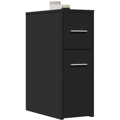 Armario de baño estrecho con ruedas madera de ingeniería negro