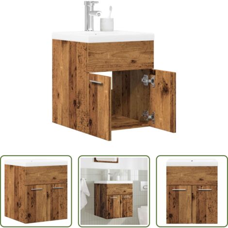 Armario de baño -  Juego de muebles de baño 2 piezas madera ingeniería envejecida