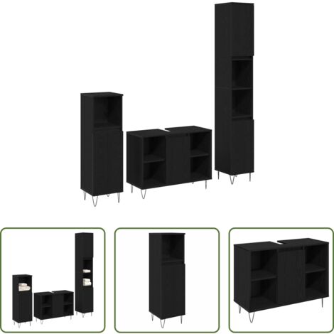 Armario de baño -  Juego de muebles de baño 3 pcs Roble Negro Madera contrachapada
