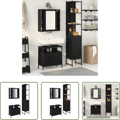 Armario de baño -  Juego de muebles de baño 3 pcs Roble Negro Madera contrachapada
