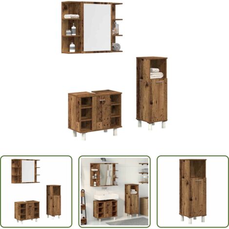Armario de baño -  Juego de muebles de baño 3 piezas madera ingeniería envejecida