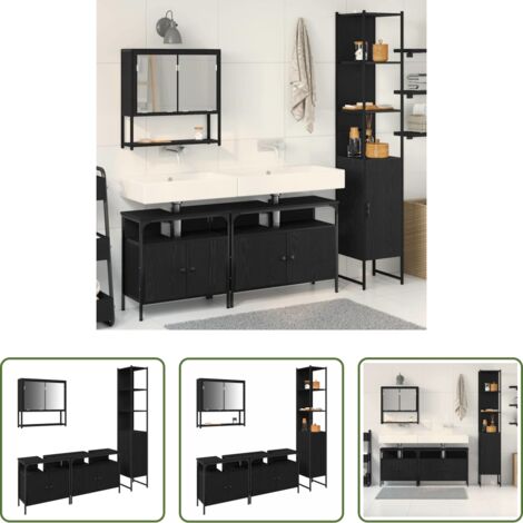 Armario de baño -  Juego de muebles de baño 4 pcs Roble negro Madera contrachapada
