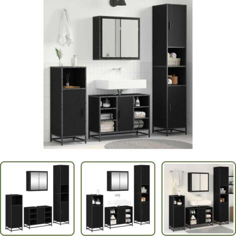 Armario de baño -  Juego de muebles de baño 4 pcs Roble Negro Madera de ingeniería