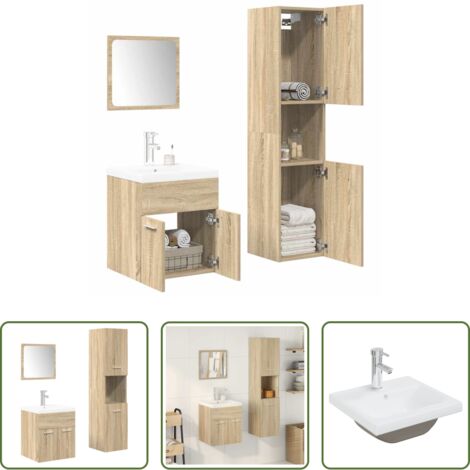 Armario de baño -  Juego de muebles de baño 4 pzas contrachapada roble Sonoma
