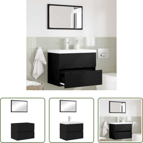 Armario de baño -  Juego de muebles de baño con cajón con espejo 2 pcs Roble Negro