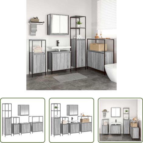 Armario de baño -  Juego de muebles de baño con estante 5 pcs Sonoma Gris y Negro