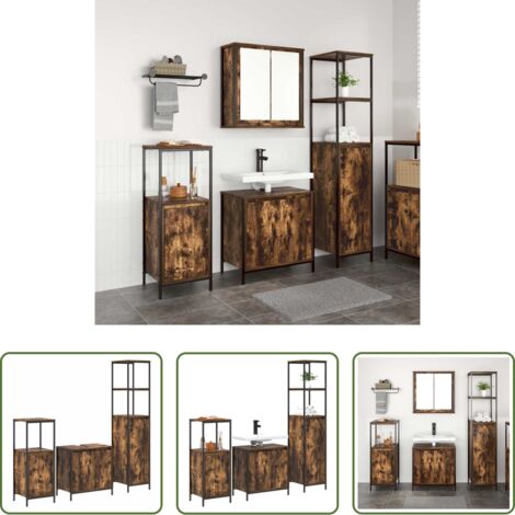 Armario de baño -  Juego de muebles de baño con puerta 3 pcs Roble Ahumado y Negro