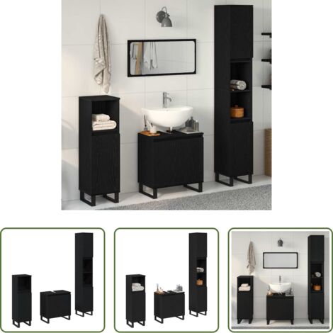 Armario de baño -  Juego de muebles de baño Montaje en la pared 3 pcs Roble Negro