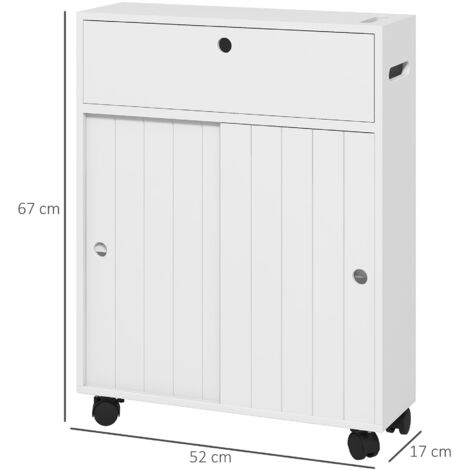 Armario de Baño Mueble Auxiliar con 4 Ruedas 2 Agujeros para Papel 2 Armarios y Estantes Ajustables 52x17x67 cm Blanco