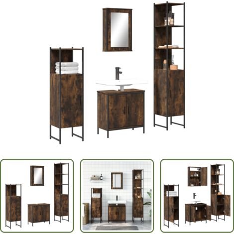 Armario de baño -  Set de muebles baño 4 pzas madera contrachapada roble ahumado