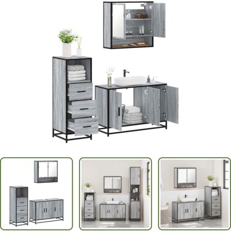 Armario de baño -  Set de muebles de baño 3 pzas madera contrachapada gris sonoma