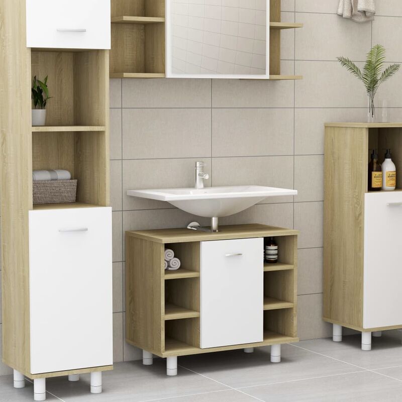 

Armario de baño aglomerado blanco y roble sonoma 60x32x53,5 cm - Beige