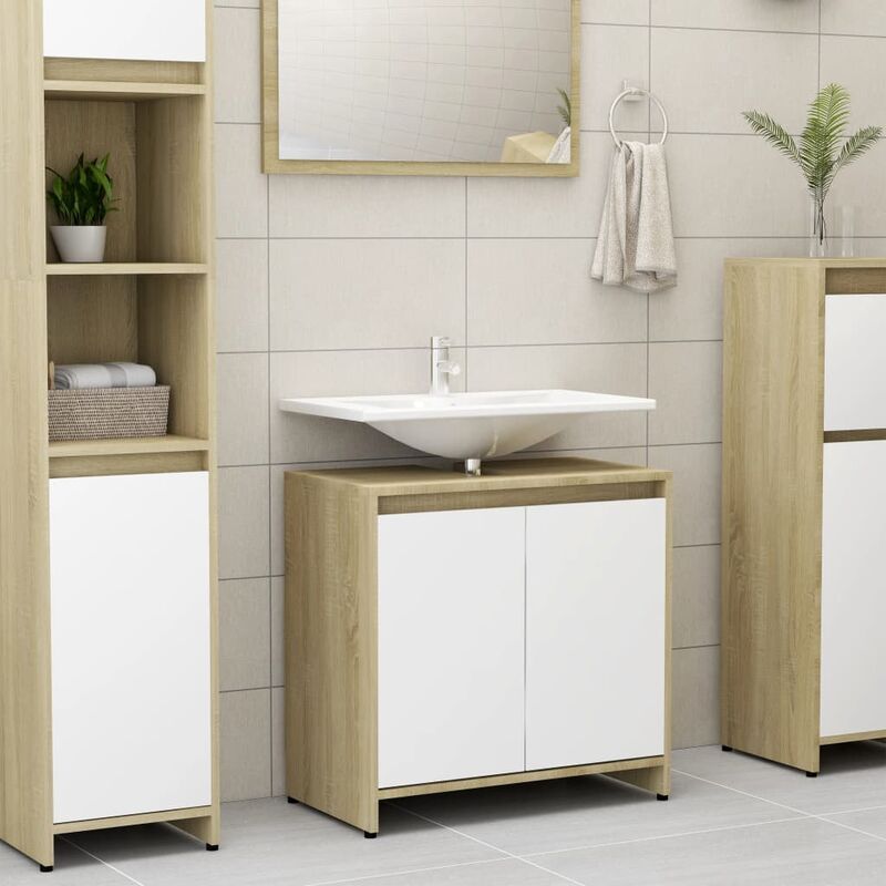 

Armario de baño aglomerado blanco y roble sonoma 60x33x58 cm - Beige