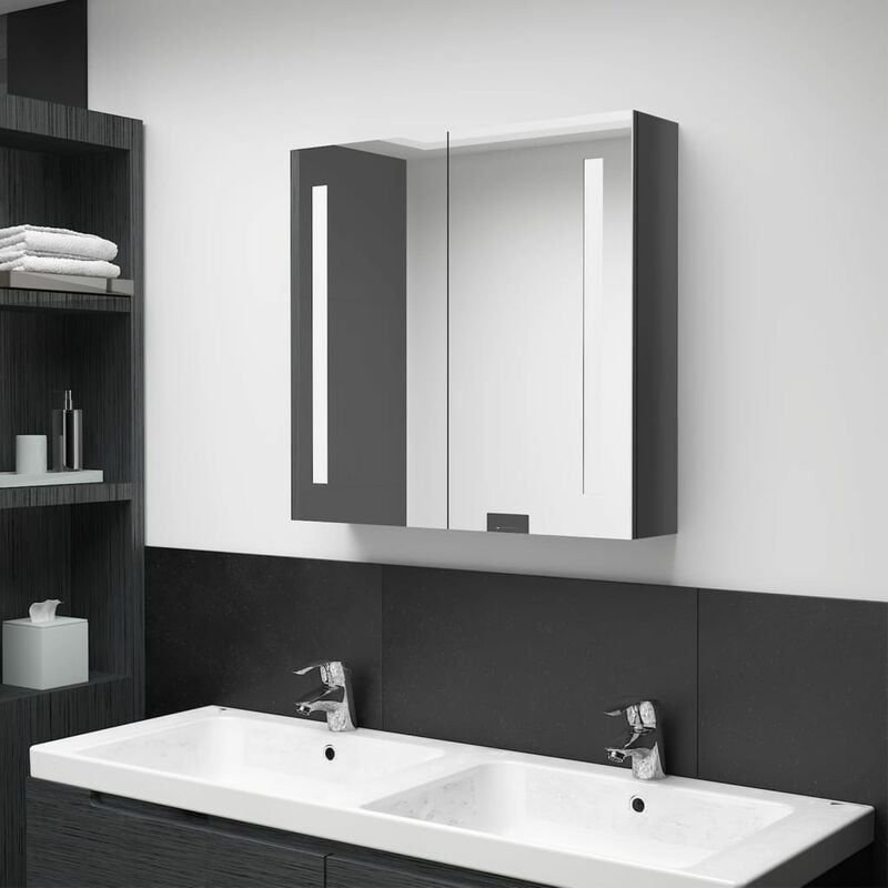 

Armario de baño con espejo LED gris brillante 62x14x60 cm